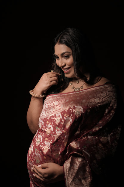 Handwoven Maroon Silk Shikargah Jaal Saree