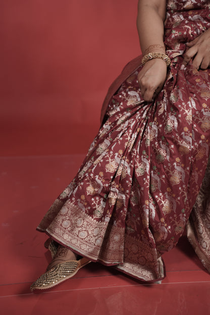 Handwoven Maroon Silk Shikargah Jaal Saree