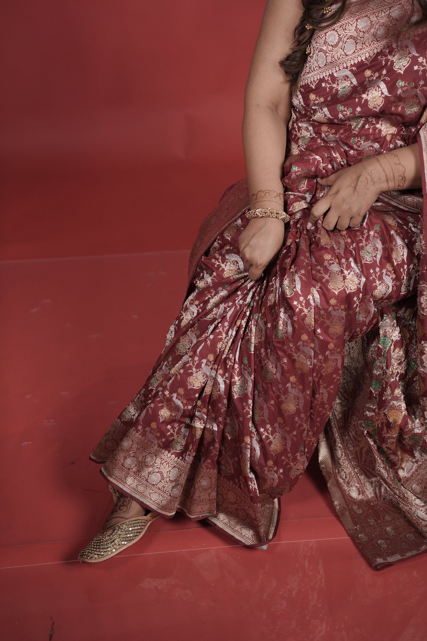 Handwoven Maroon Silk Shikargah Jaal Saree