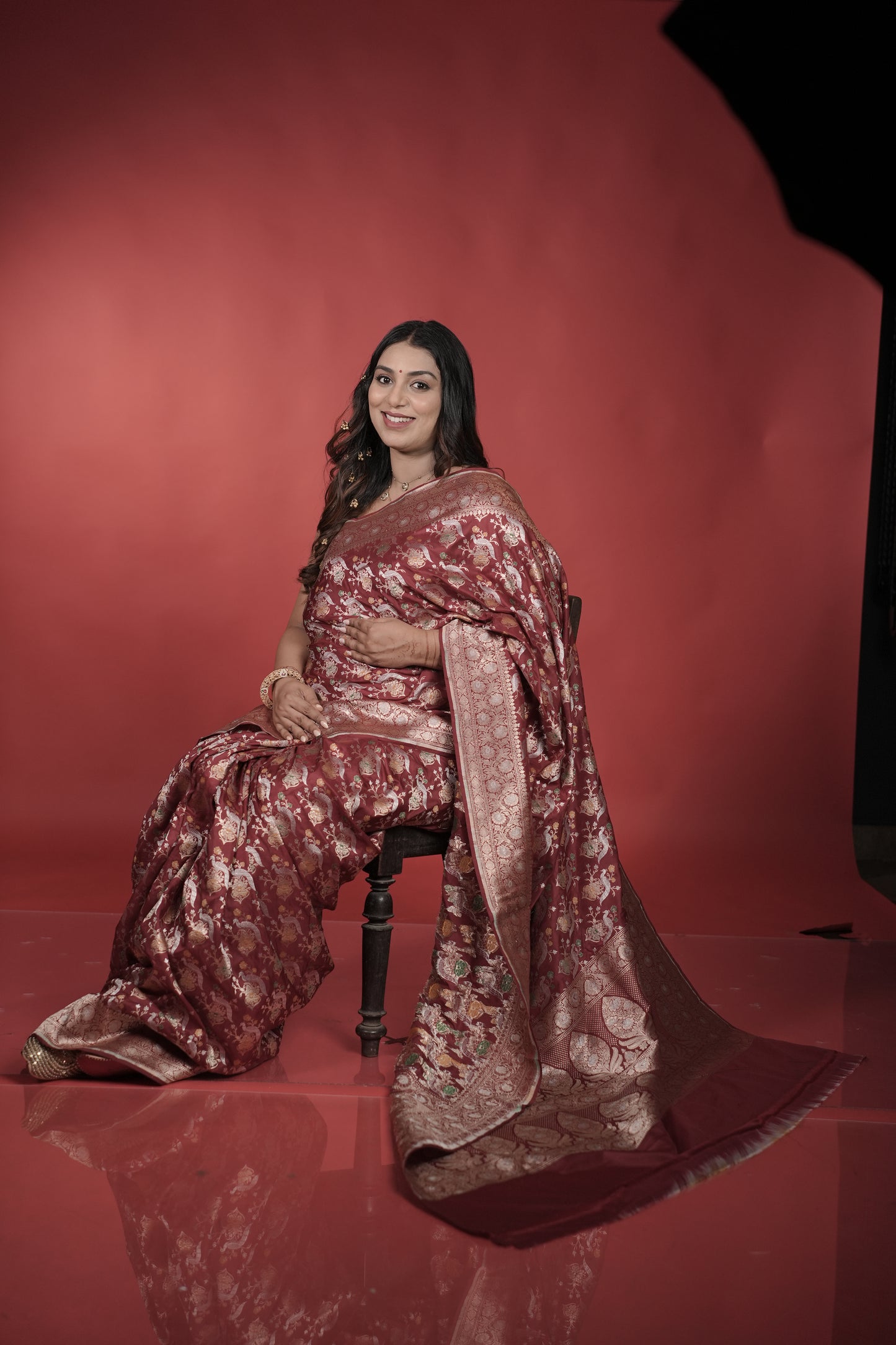 Handwoven Maroon Silk Shikargah Jaal Saree