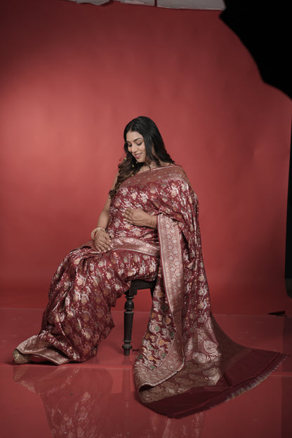 Handwoven Maroon Silk Shikargah Jaal Saree