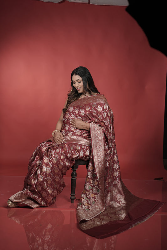 Handwoven Maroon Silk Shikargah Jaal Saree