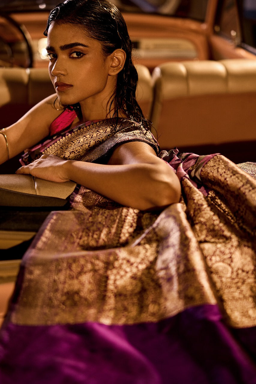 Handwoven Pink & Green Tanchoi Silk Rangat Saree