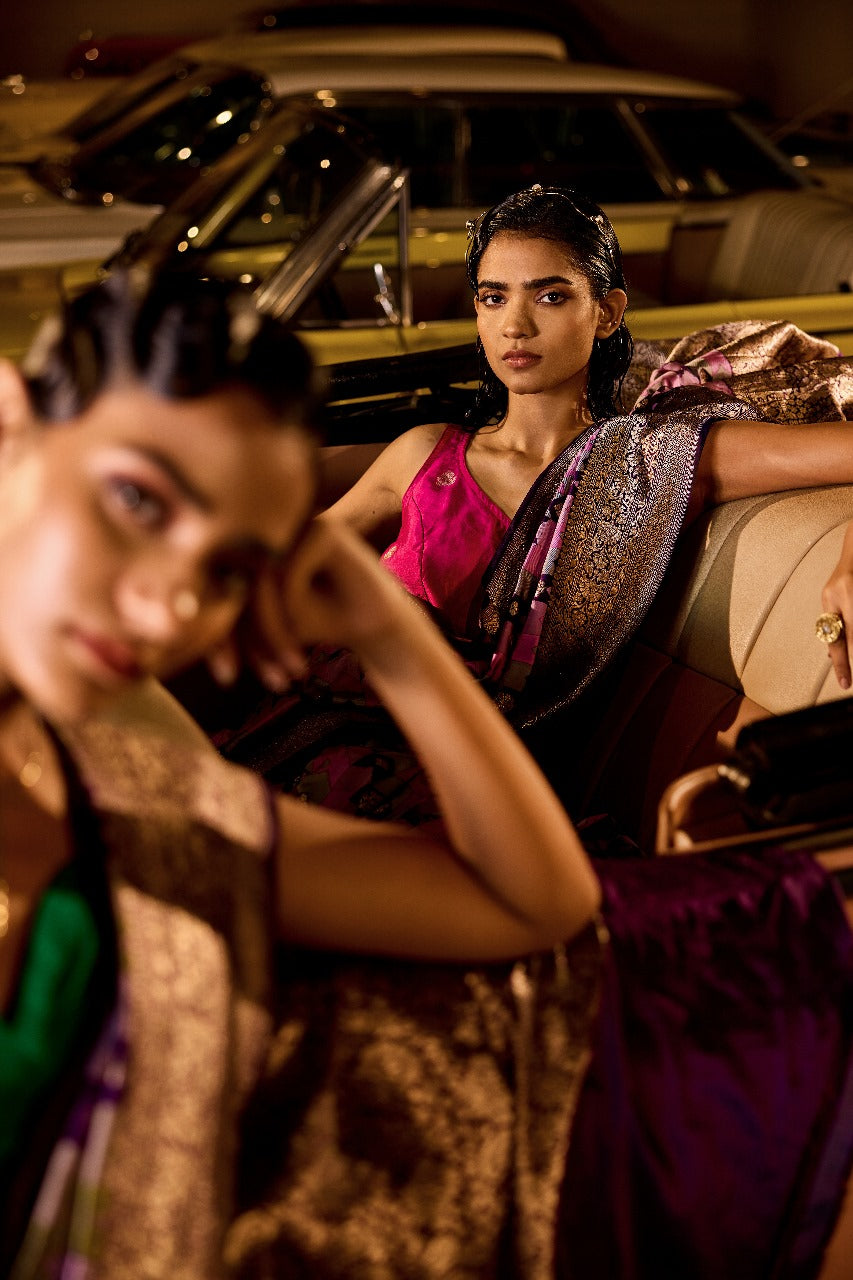 Handwoven Pink & Green Tanchoi Silk Rangat Saree