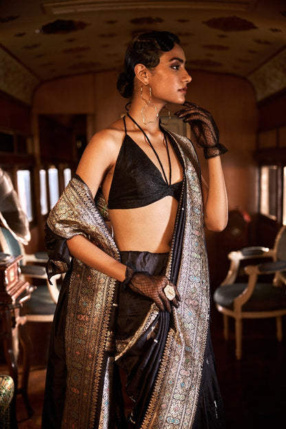 Handwoven Black Silk Butterfly Kadhwa Motifs Dual Zari Vines Saree