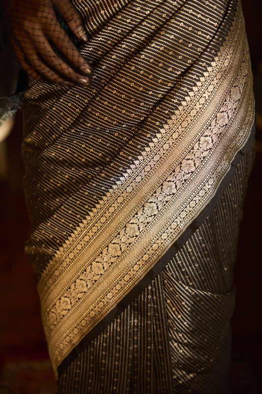 Handwoven Black Silk Stripe Banarasi Saree