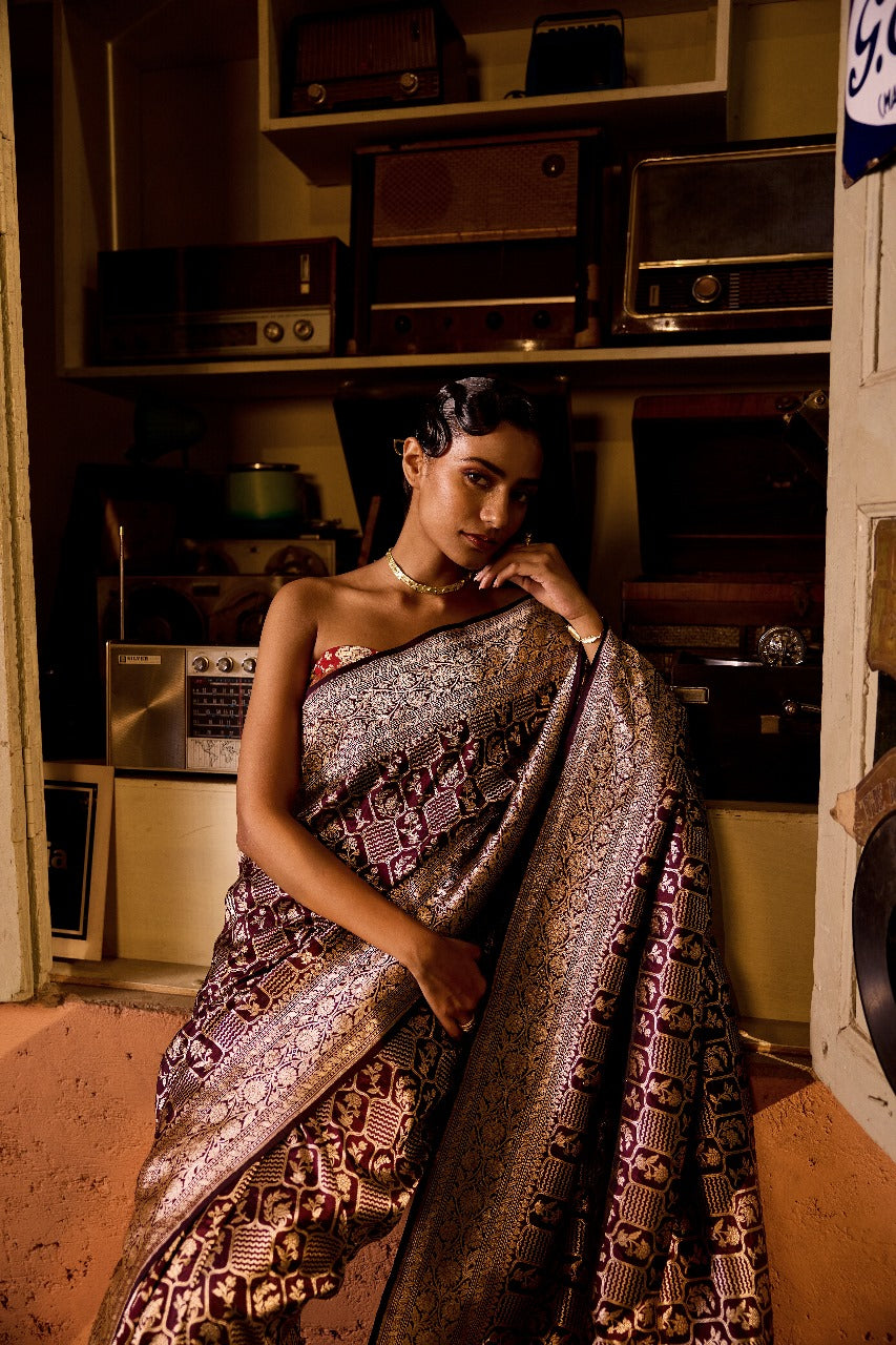 Handwoven Katan Silk Coffee Brown Jaal Saree