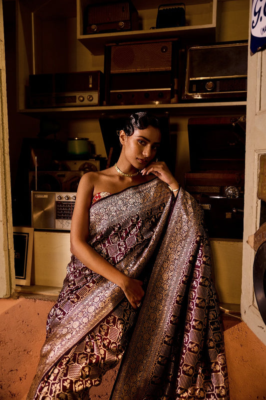 Handwoven Katan Silk Coffee Brown Jaal Saree