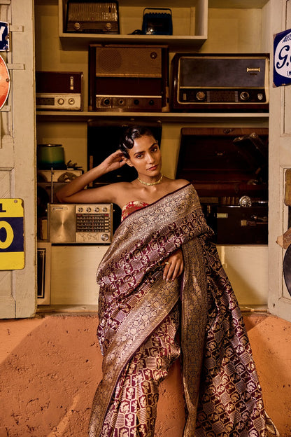 Handwoven Katan Silk Coffee Brown Jaal Saree