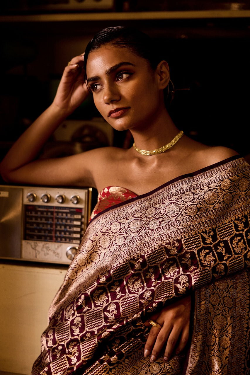 Handwoven Katan Silk Coffee Brown Jaal Saree