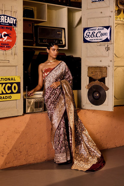 Handwoven Katan Silk Coffee Brown Jaal Saree