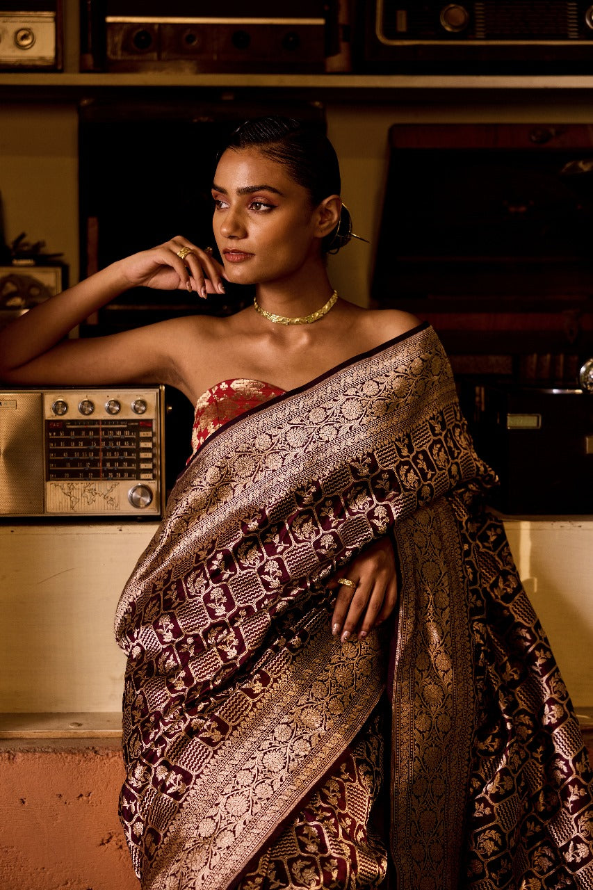 Handwoven Katan Silk Coffee Brown Jaal Saree