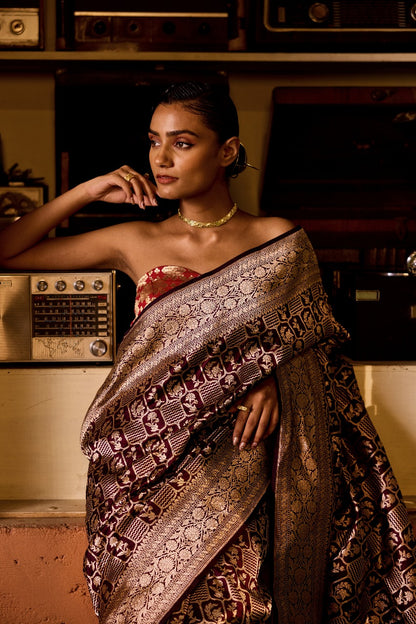 Handwoven Katan Silk Coffee Brown Jaal Saree
