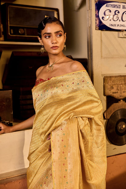 Handwoven Light Yellow Chevron Brocade Silk Saree With Meenakari Pally And Borders