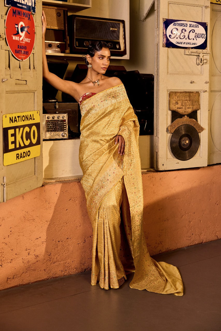 Handwoven Light Yellow Chevron Brocade Silk Saree With Meenakari Pally And Borders