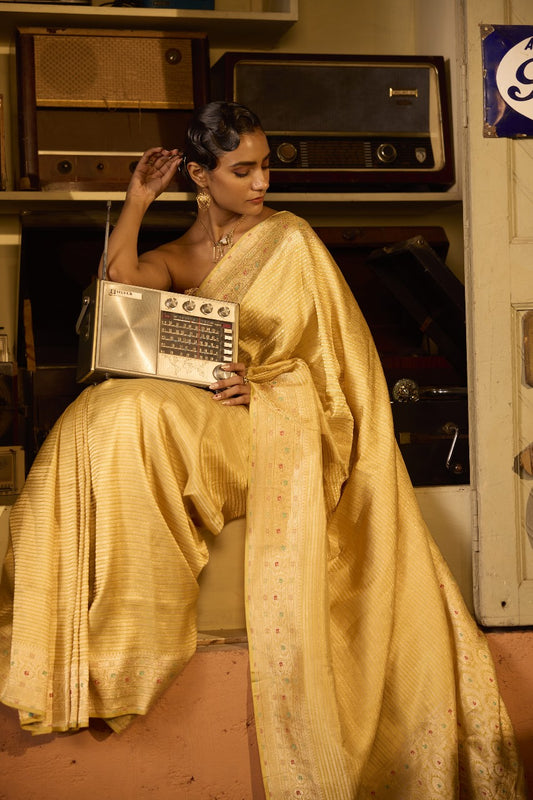 Handwoven Light Yellow Chevron Brocade Silk Saree With Meenakari Pally And Borders