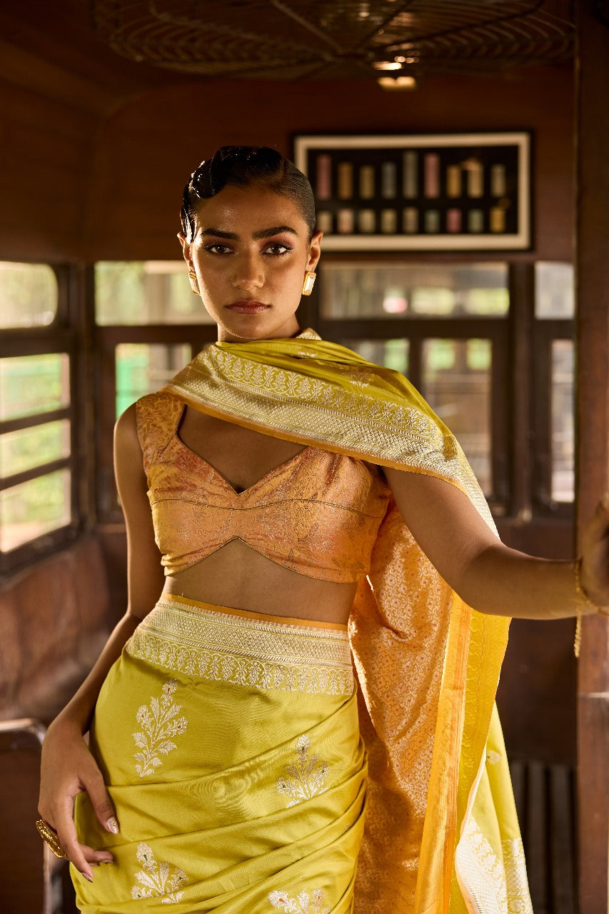 Handwoven Lime Green Silk Kadhwa Motifs Meenakari Saree