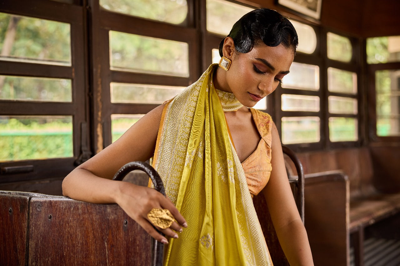 Handwoven Lime Green Silk Kadhwa Motifs Meenakari Saree