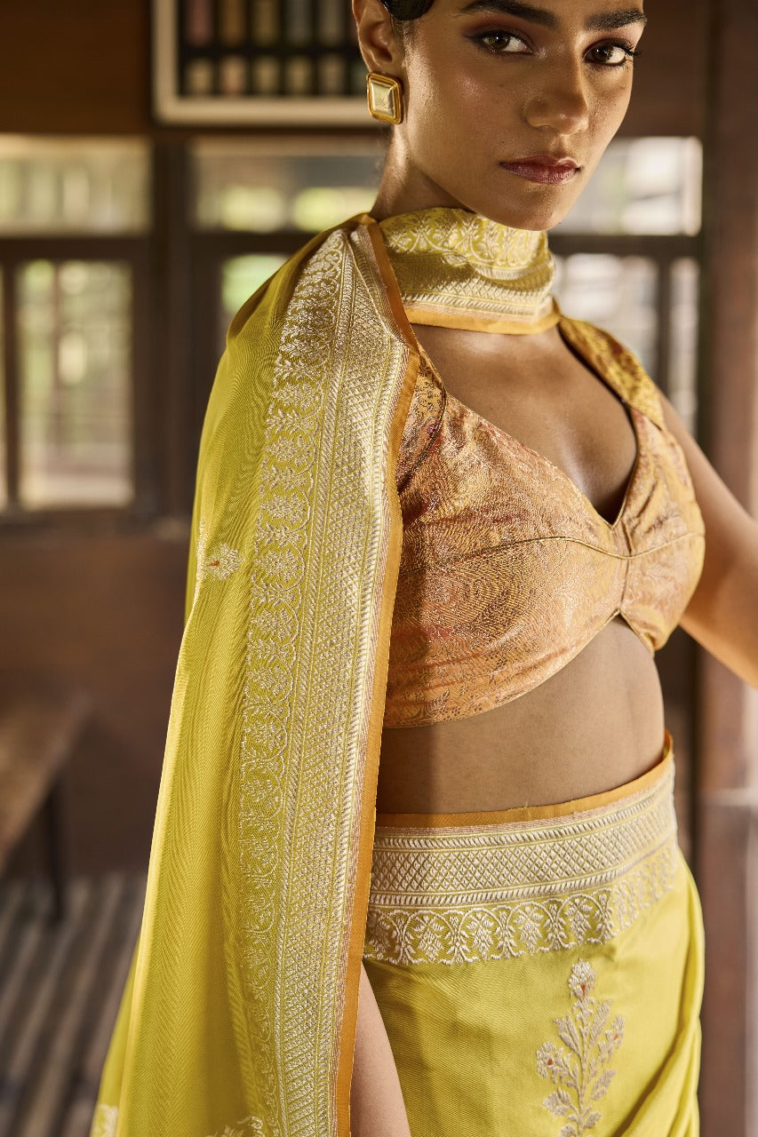 Handwoven Lime Green Silk Kadhwa Motifs Meenakari Saree
