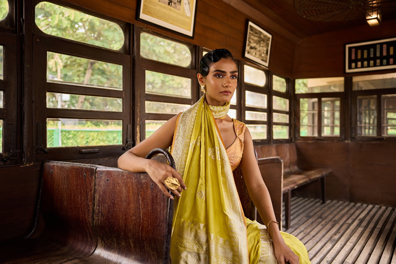 Handwoven Lime Green Silk Kadhwa Motifs Meenakari Saree