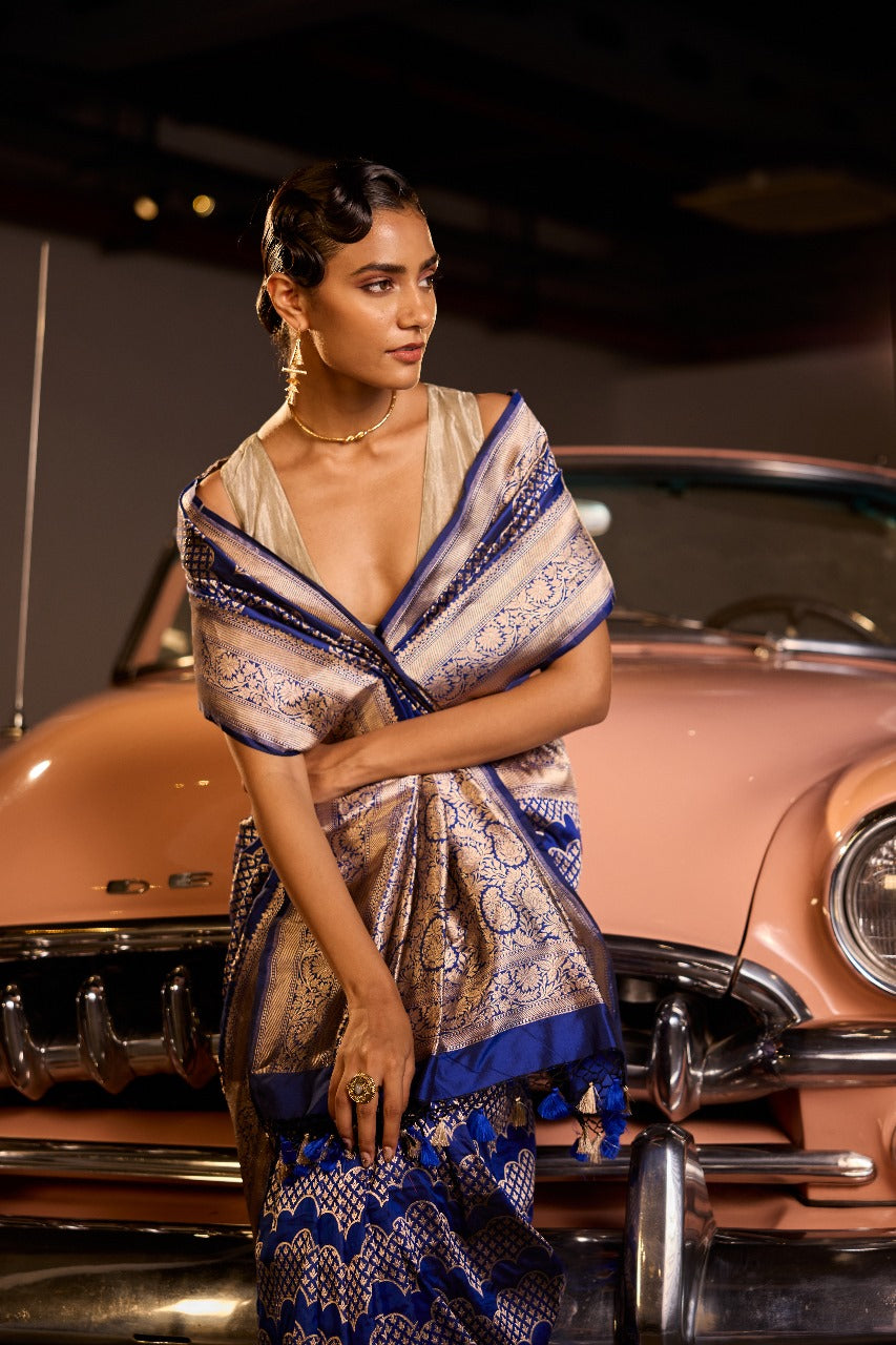 Handwoven Persian Blue Katan Silk Wave Banarasi Saree