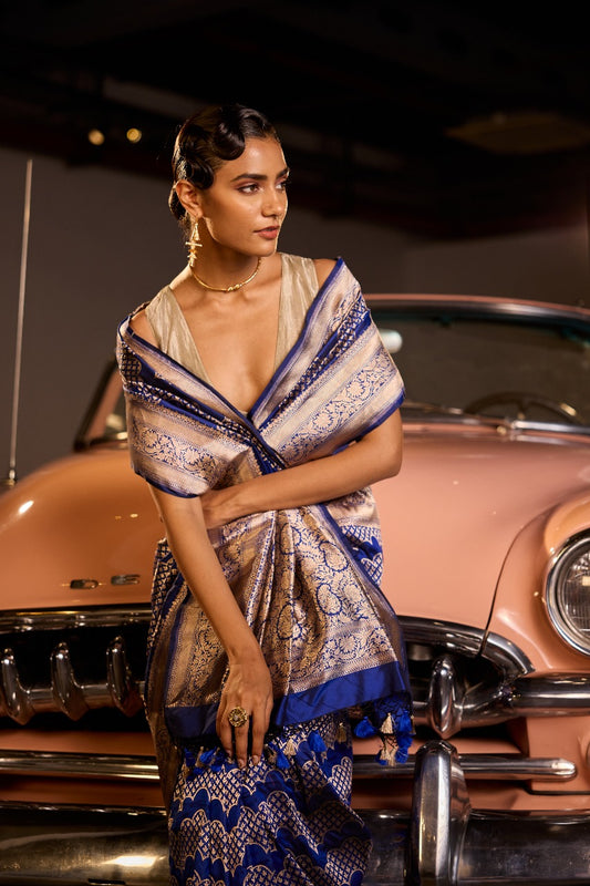 Handwoven Persian Blue Katan Silk Wave Banarasi Saree