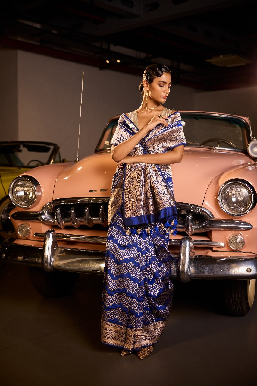 Handwoven Persian Blue Katan Silk Wave Banarasi Saree