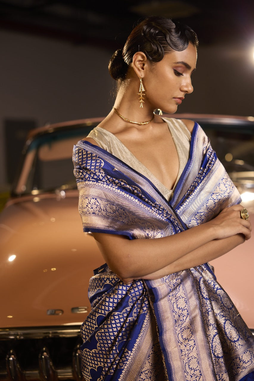 Handwoven Persian Blue Katan Silk Wave Banarasi Saree