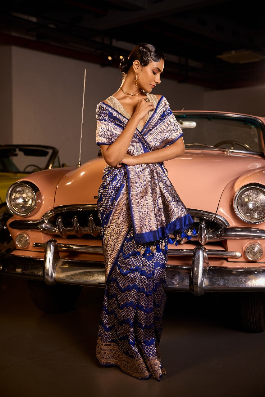 Handwoven Persian Blue Katan Silk Wave Banarasi Saree