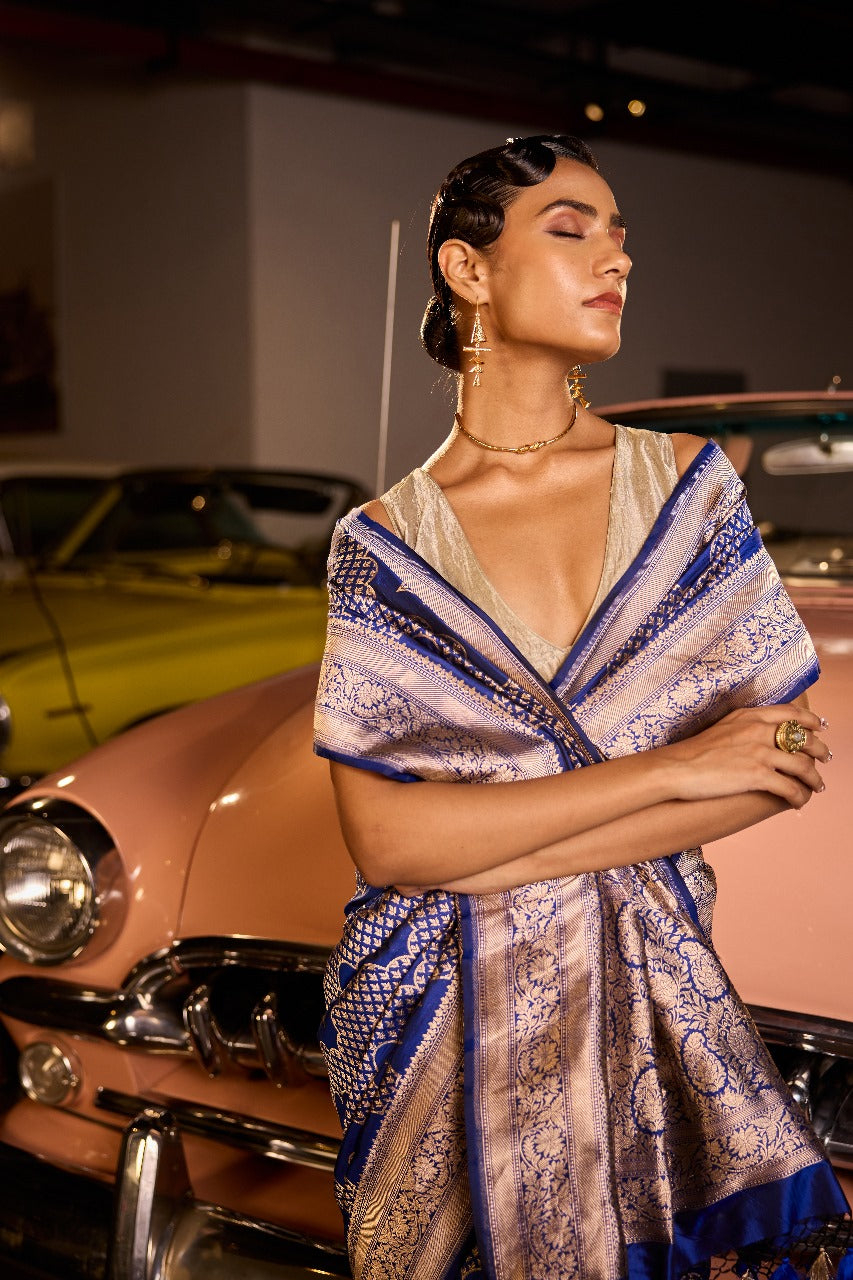 Handwoven Persian Blue Katan Silk Wave Banarasi Saree