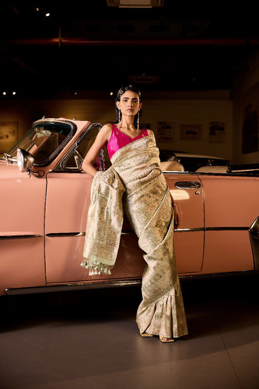 Handwoven Powder Blue Brocade Silk Saree With Hints Of Pink Meenakari