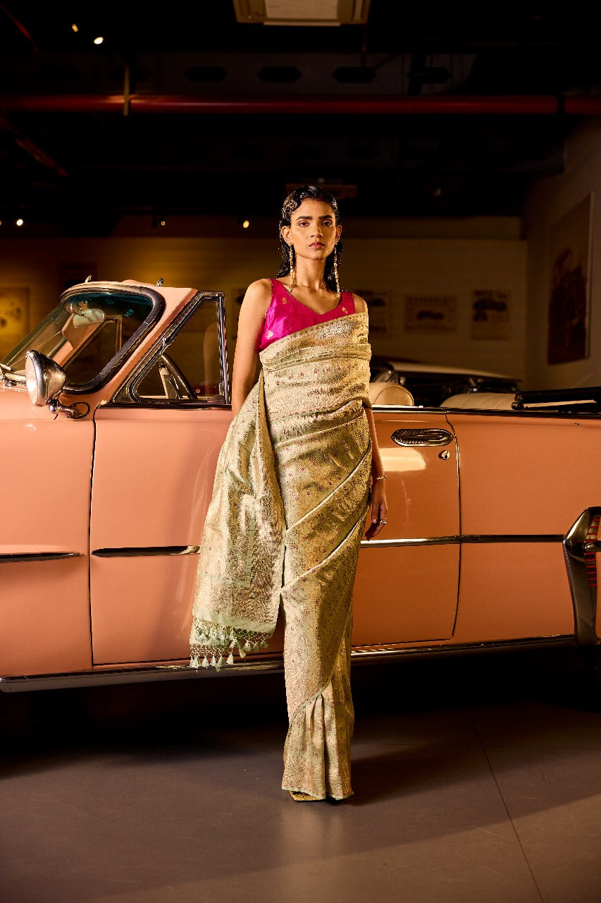 Handwoven Powder Blue Brocade Silk Saree With Hints Of Pink Meenakari