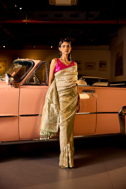 Handwoven Powder Blue Brocade Silk Saree With Hints Of Pink Meenakari