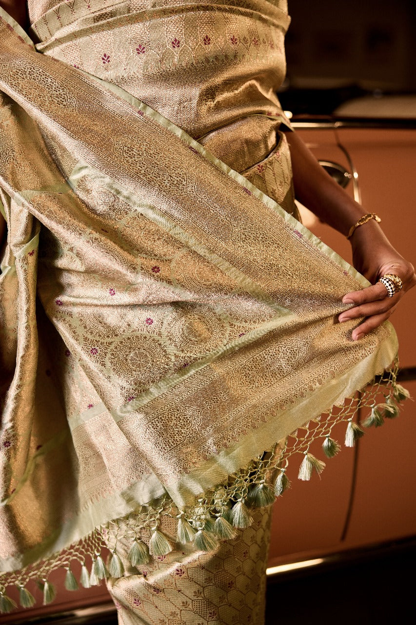 Handwoven Powder Blue Brocade Silk Saree With Hints Of Pink Meenakari
