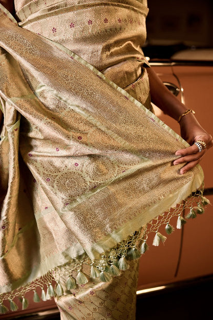 Handwoven Powder Blue Brocade Silk Saree With Hints Of Pink Meenakari