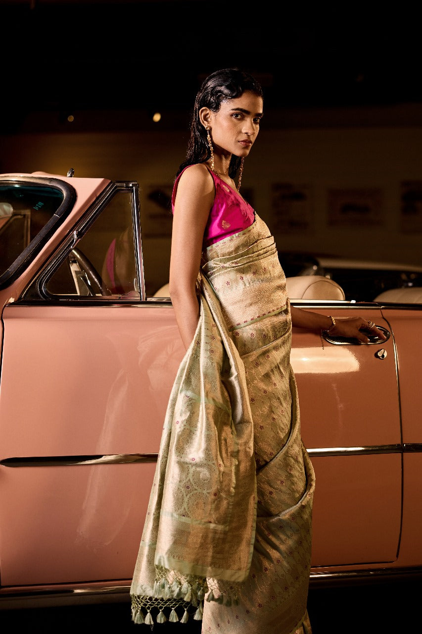 Handwoven Powder Blue Brocade Silk Saree With Hints Of Pink Meenakari