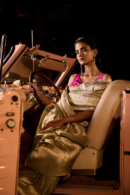 Handwoven Powder Blue Brocade Silk Saree With Hints Of Pink Meenakari