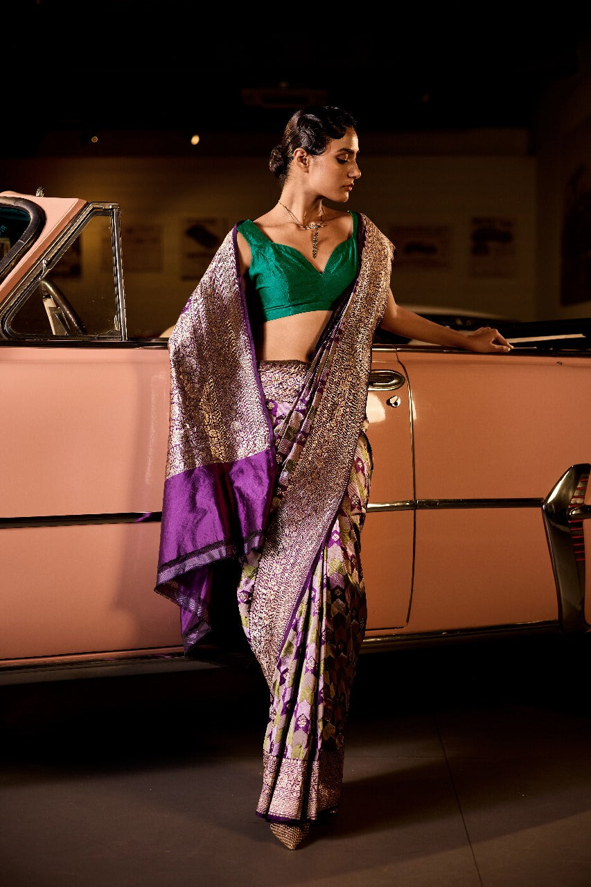 Handwoven Purple & Green Tanchoi Silk Rangat Saree