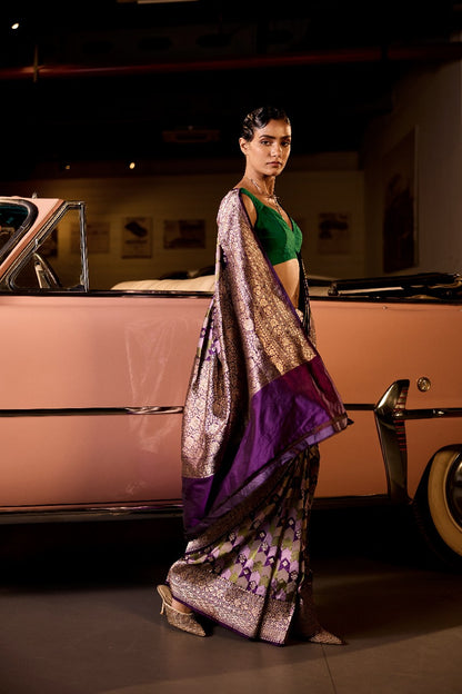 Handwoven Purple & Green Tanchoi Silk Rangat Saree