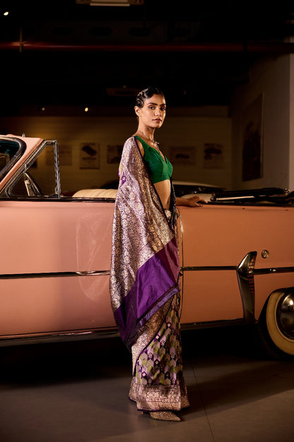 Handwoven Purple & Green Tanchoi Silk Rangat Saree