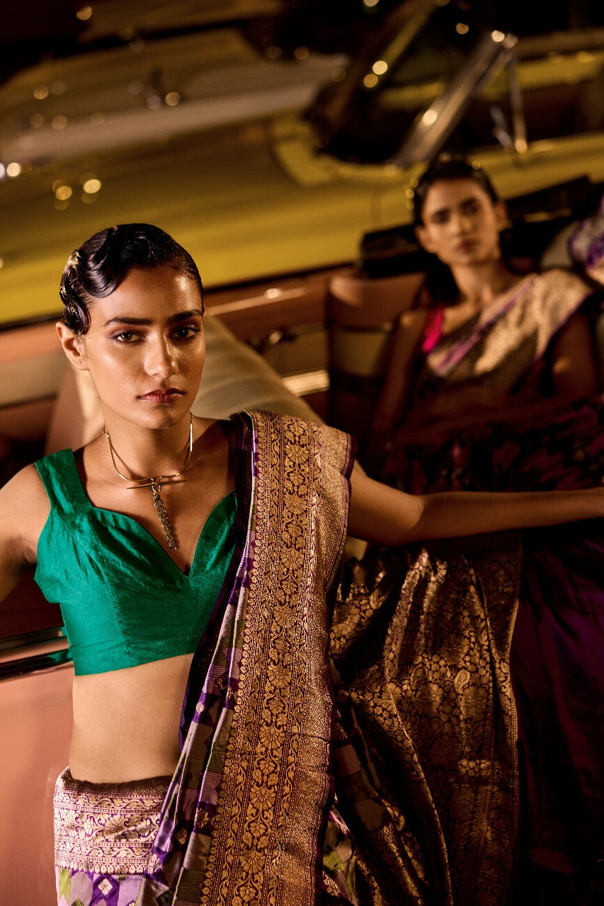 Handwoven Purple & Green Tanchoi Silk Rangat Saree