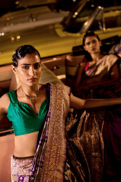 Handwoven Purple & Green Tanchoi Silk Rangat Saree