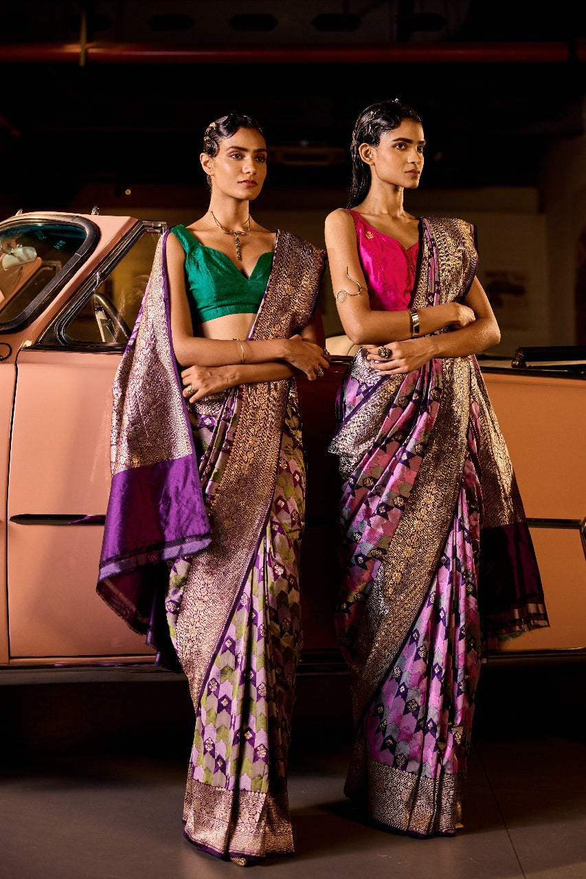 Handwoven Purple & Green Tanchoi Silk Rangat Saree