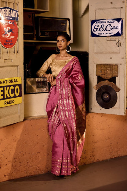 Handwoven Salmon Pink Monga Silk Saree