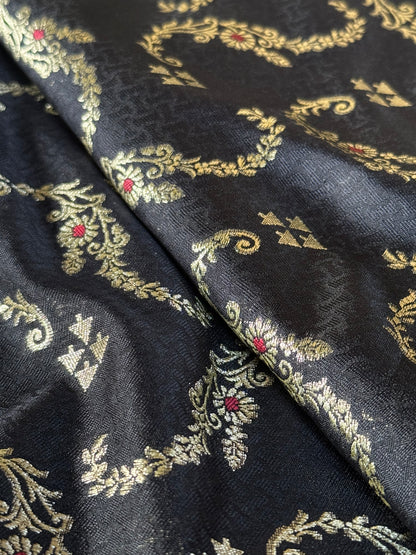 Handwoven Black Silk Tanchoi Meenakari Jaal Fabric Thaan