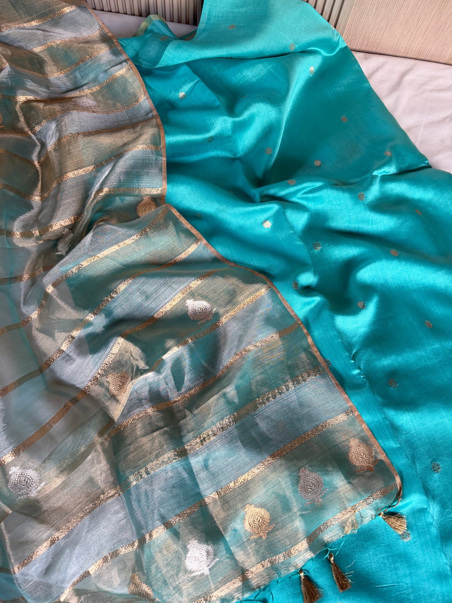Handwoven Chinniya Silk Kurta with Tissue Dupatta Unstitched Firozi Suit Set