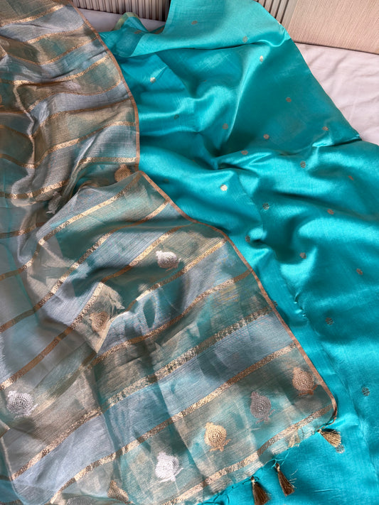 Handwoven Chinniya Silk Kurta with Tissue Dupatta Unstitched Firozi Suit Set