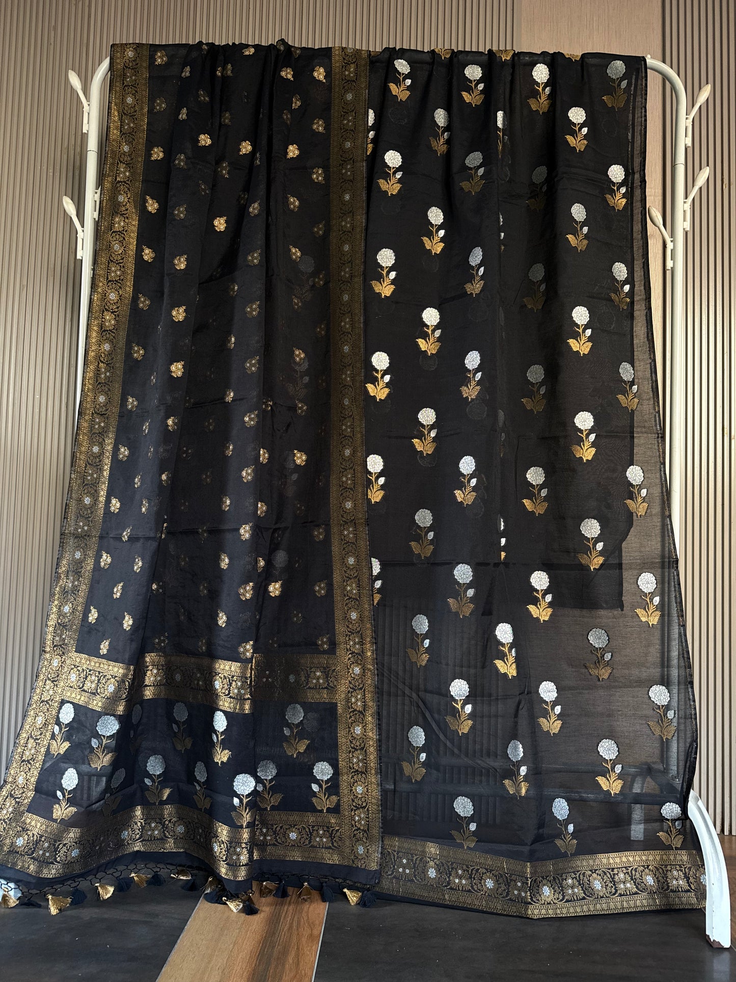 Handwoven Black Cotton Silk Dual Zari Suit Set