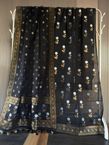 Handwoven Black Cotton Silk Dual Zari Suit Set