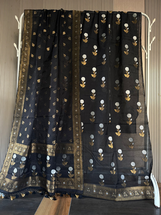 Handwoven Black Cotton Silk Dual Zari Suit Set